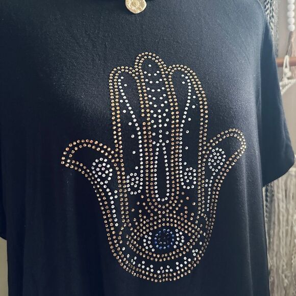 BRIT.NY Black Hamsa Evil Eye Boho Rhinestone Embellished T Shirt - Picture 2 of 4